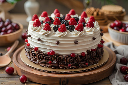 Black forest Chocolate cake decorated with white whipped cream, cookies and chocolates on a table....