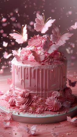 Birthday cake with pink velvet sprayed coating decorated with pink flowers and butterfly on the pink background. AI Generative. High quality photoの写真素材