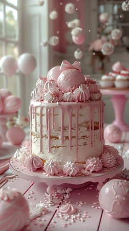 Birthday cake with pink velvet sprayed coating decorated with pink flowers and butterfly on the pink...