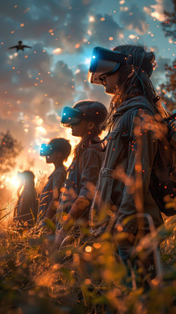 Attractive teenagers on outside background. Young people with VR glasses. AI Generative. High quality photoの写真素材