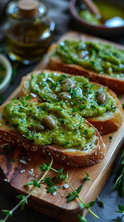 Healthy food. Rye bread with guakomole, avocado pasta on wooden cutting board. Avocado toast for...