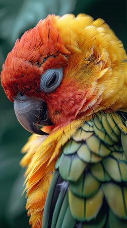 Closeup portrait of a blue, red and yellow Macaw parrot, Ara ararauna. AI Generative. High quality...