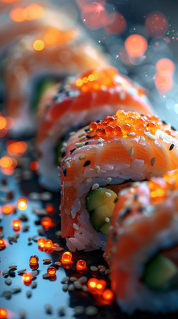 Beautiful and delicious varied sushi rolls on a board with cimenatic light. AI Generative.の写真素材