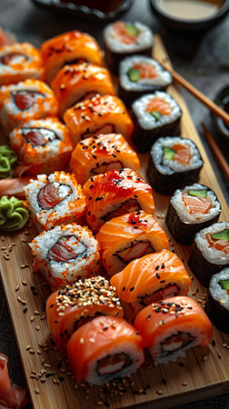 Variety of Sushi Rolls close-up japanese food. AI Generative. High quality photoの写真素材
