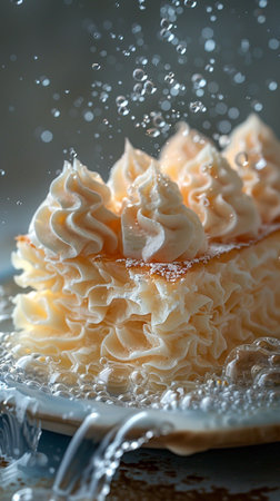 Flying cake layers with whipped cream on wooden table. Birthday cake in freeze motion, food...