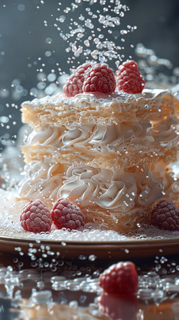 Flying cake layers with whipped cream on wooden table. Birthday cake in freeze motion, food...