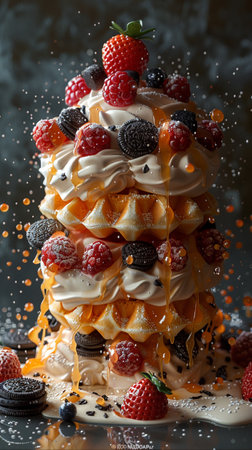 Waffles with caramel and chocolate sauce, whipped cream and strawberries on the tables. AI Generative.の写真素材