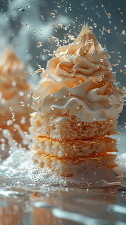 Flying cake layers with whipped cream on wooden table. Birthday cake in freeze motion, food levitation. AI Generative. High quality photoの写真素材