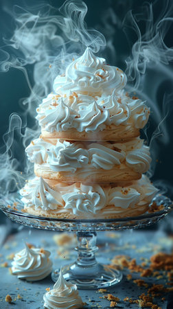 Flying cake layers with whipped cream on wooden table. Birthday cake in freeze motion, food levitation. AI Generative. High quality photoの写真素材