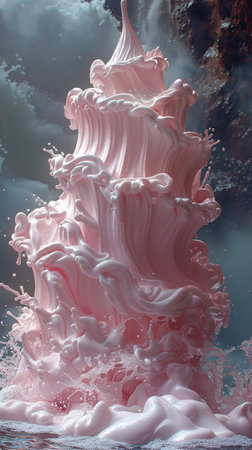 Flying cake layers with whipped cream on wooden table. Birthday cake in freeze motion, food...