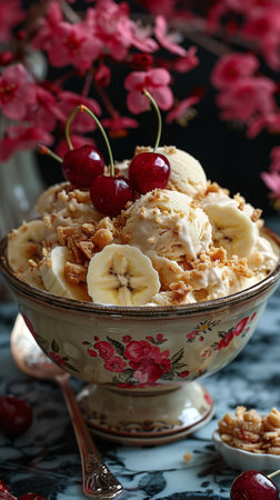 Large bowl of ice cream with assorted fruits. AI Generative.