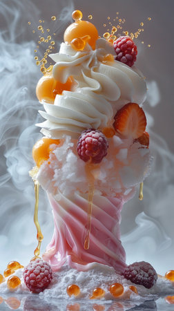 Large bowl of ice cream with assorted fruits. AI Generative.