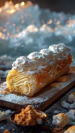Tasty cake layers with whipped cream on wooden table, dark background. Birthday cake. AI Generative. High quality photoの写真素材