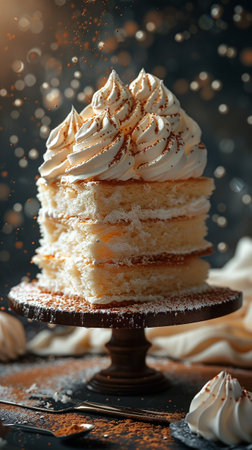 Tasty cake layers with whipped cream on wooden table, dark background. Birthday cake. AI Generative. High quality photoの写真素材