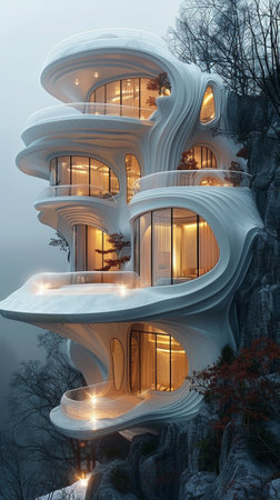 Modern futuristic style home exterior. AI Generative. High quality photo