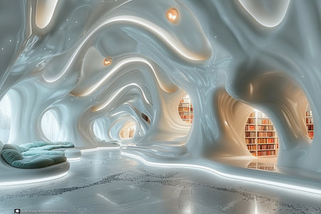 Modern futuristic style home interiors, bright lobby and stairs. AI Generative. High quality photoの写真素材