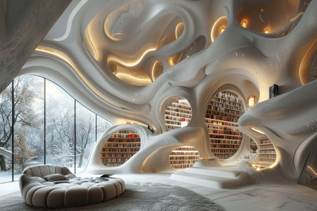 Modern futuristic style home interiors, bright lobby and stairs. AI Generative. High quality photoの写真素材