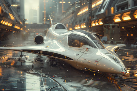 Futuristic Flying car on a futuristic city background, urban electric transport. AI Generative.の写真素材