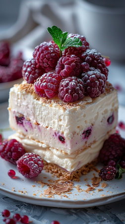 Raspberry finest dessert with whipped cream, berry sauce, cookie crumbs and mint leaves on a plate on a gray background. Summer diet dessert. AI Generative. High quality photoの写真素材