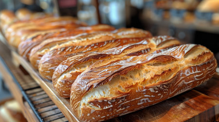 French organic baguettes bread in authentic bakery setting. AI Generative. High quality photo