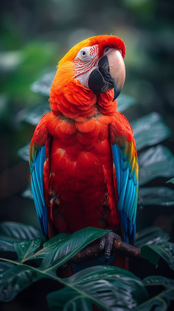 Closeup portrait of a blue, red and yellow Macaw parrot, Ara ararauna. AI Generative. High quality...