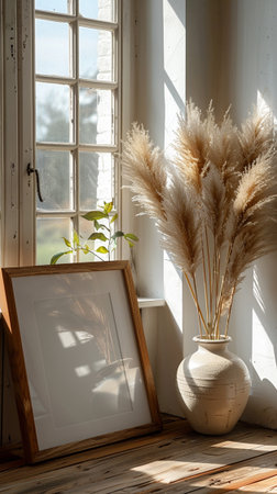 Cozy warm scandi home interior decoration flower on the vase of a chic country house, wood finishes,...