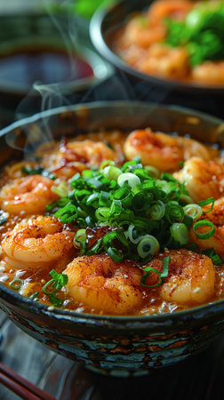 Grilled shrimps in the poke bowl with noodle in dark background. AI Generated
