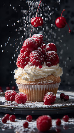 Raspberry cream cheese cake with red sweet jam, Close-up of delicious fruit cake, AI Generative.の写真素材