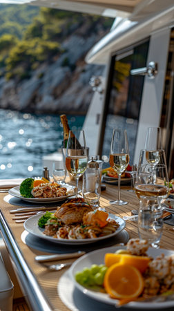Dining Room Buffet, fine brunch a board the luxury yacht in the evening. AI Generative.