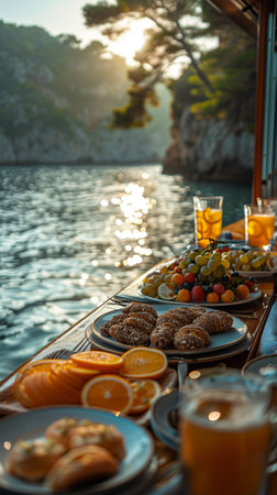 Dining Room Buffet, fine brunch a board the luxury yacht in the evening. AI Generative.の写真素材