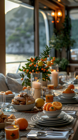 Dining Room Buffet, fine brunch a board the luxury yacht in the evening. AI Generative.の写真素材