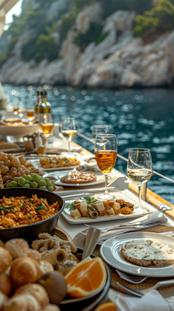 Dining Room Buffet, fine brunch a board the luxury yacht in the evening. AI Generative.の写真素材