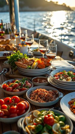Dining Room Buffet, fine brunch a board the luxury yacht in the evening. AI Generative.の写真素材