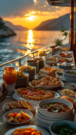 Dining Room Buffet, fine brunch a board the luxury yacht in the evening. AI Generative.の写真素材