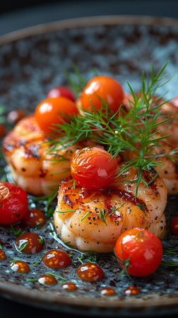 Grilled shrimps on the pan in dark background. AI Generated. High quality photoの写真素材