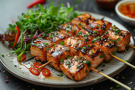 Japanese salmon Yakitori. Grilling in the Asian style on a plate. Seafood Barbecue Recipe. AI Generative.の写真素材