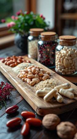 Concept of healthy protein-rich foods and supplement form like powders and capsules. Fresh raw...