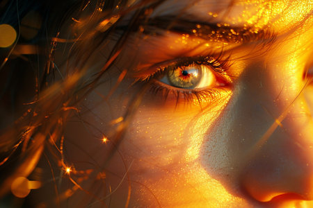 Beautiful princess portrait with face covered with sunlight. Female face with Extreme beautiful...