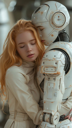 A beautiful blonde in white standing with a male robot in futuristic space ship interrior, virtual relationship with human and robots. AI Generative.の写真素材