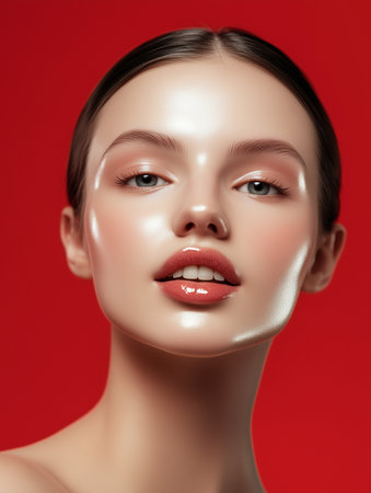 Skincare. Closeup of a woman with beautiful face, healthy facial skin portrait. Portrait of an attractive female - at studio. Fashion model. AI generativeの写真素材