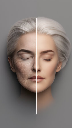 The left side of the image shows aged appearance, with wrinkles and signs of aging evident. On the...