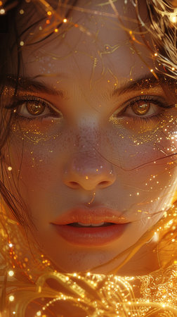 Beautiful woman portrait with face covered with sunlight. Female face with extreme beautiful eyes. Photo realistic, concept art, cosmetic, cinematic light. AI Generative.の写真素材