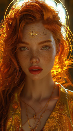 Beautiful woman portrait with face covered with sunlight. Female face with extreme beautiful eyes. Photo realistic, concept art, cosmetic, cinematic light. AI Generative.の写真素材