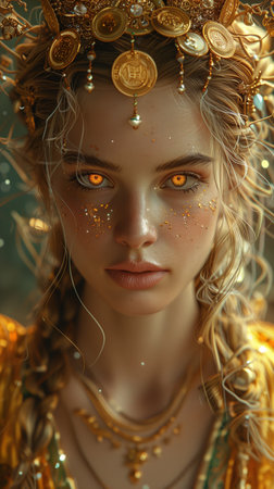 Beautiful woman portrait with face covered with sunlight. Female face with extreme beautiful eyes. Photo realistic, concept art, cosmetic, cinematic light. AI Generative.の写真素材