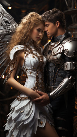 The Archangel Michael of men protects and embraces the young woman. Futuristic space planet background, Creative white huge wings. Love concept. AI Generative.の写真素材