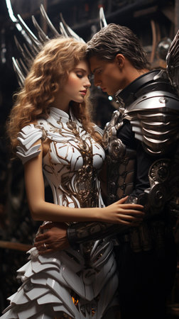 The Archangel Michael of men protects and embraces the young woman. Futuristic space planet background, Creative white huge wings. Love concept. AI Generative.の写真素材