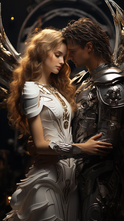 The Archangel Michael of men protects and embraces the young woman. Futuristic space planet background, Creative white huge wings. Love concept. AI Generative.の写真素材