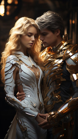 The Archangel Michael of men protects and embraces the young woman. Futuristic space planet background, Creative white huge wings. Love concept. AI Generative.の写真素材