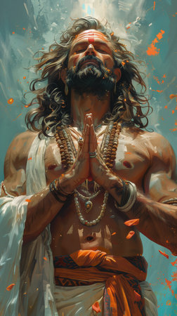 Indian Saints in their traditional way of Yog Mudra, meditating. Sitting in silence as part of the initiation of new sadhus during Kumbha Mela. The Naga. AI Generative.の写真素材