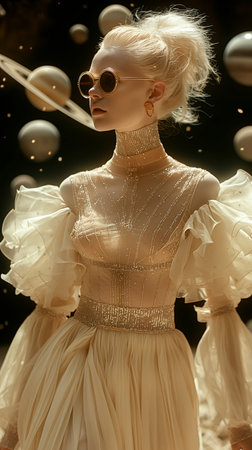 Beautiful top model woman in the space, futuristic space. AI Generated. High quality illustrationの写真素材